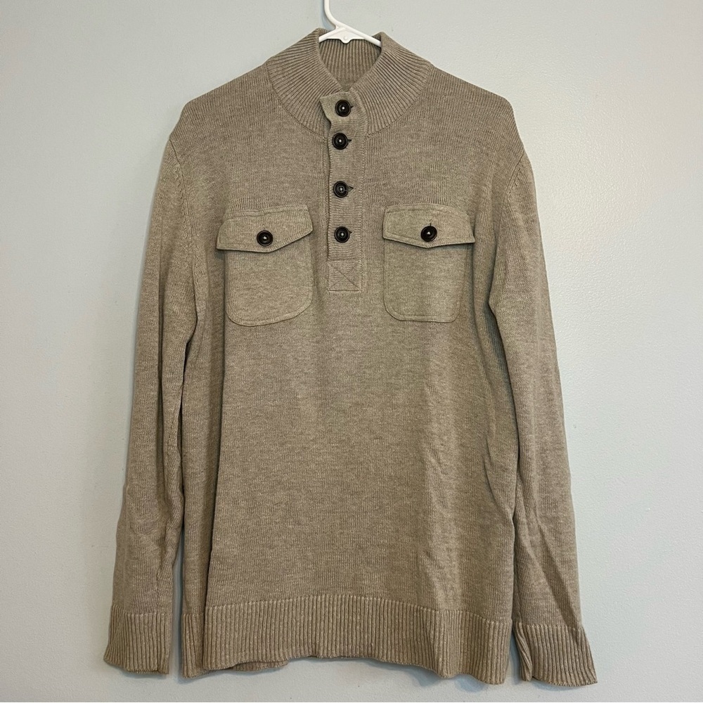 Gap Mens Sweater Large Tan Henley Wool Blend Double Elbows Mock Neck Pockets
